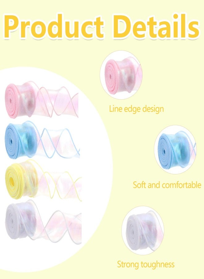 BharatBazaar Organza Ribbon, 4 Rolls Sheer Fabric Ribbon for Gift Wrapping, Wedding Decor, DIY Crafts, Party Decorations, 4cm x 10 Yards, Pink Blue White Yellow - Image 3